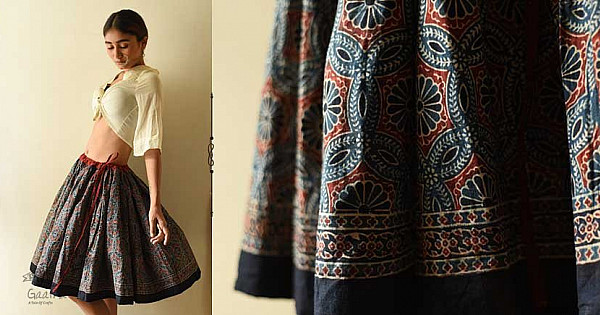 Blue - Block Print Cotton Wrap Around Ajrakh Skirt 15