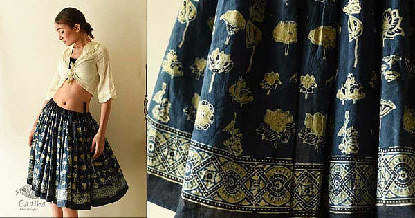 Blue - Ajrakh Block Printed Cotton Wrap Around Skirt