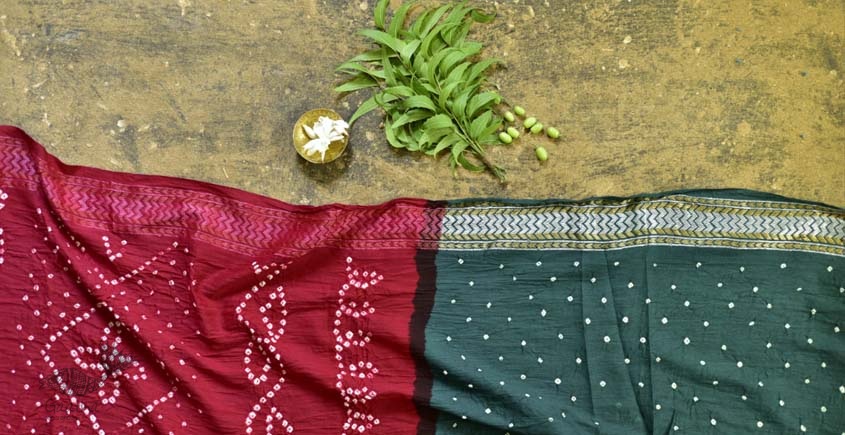 summer special Cotton Bandhani Green-red Saree