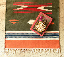 A finite infinity ❧ Handwoven Geometric Dhurries  ( 2 x 6 ) - Green