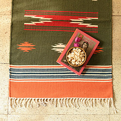 A finite infinity ❧ Handwoven Geometric Dhurries  ( 2 x 6 ) - Green