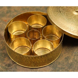 Ahar ✽ Brass ~ Spice box - Six jars inside  ( 6" x 6" x 3" Small Masala Daan )