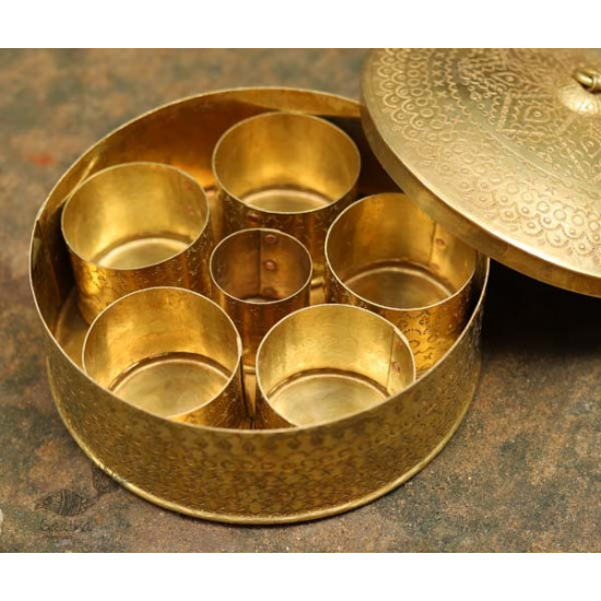 Ahar ✽ Brass ~ Spice Jar - Six jars inside  ( 6 x 6 x 3 Small Masaldaan )