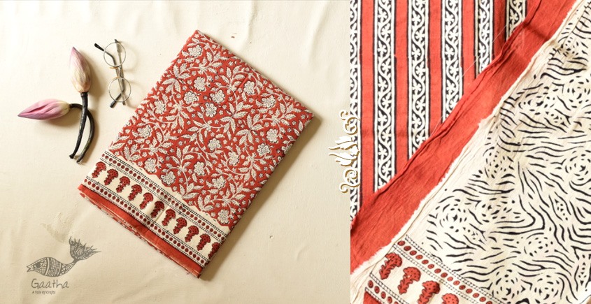 shop Bagru Cotton Red Saree - Block Printed