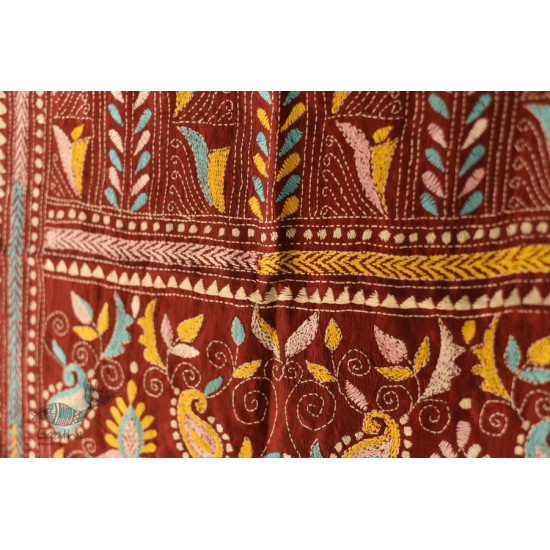  Kantha Silk Stole - Embroidered Maroon