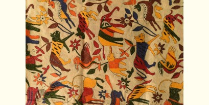 Pushparam . पुष्पारम | Kantha Tussar Silk Hand Embroidered Dupatta ~ Animals Motif