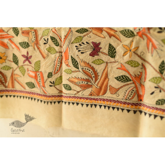 Kantha Tussar Silk Hand Embroidered Dupatta - Sparrows