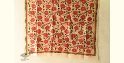 Pushparam . पुष्पारम | Kantha Tussar Silk Hand Embroidered Dupatta ~ Red Flowers All Over