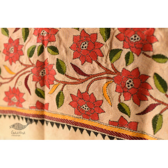 Kantha Tussar Silk Hand Embroidered Dupatta ~ Red Flowers All Over