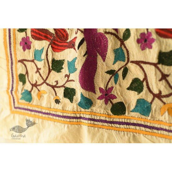 Kantha Tussar Silk Stole - Myna Bird Embroidered