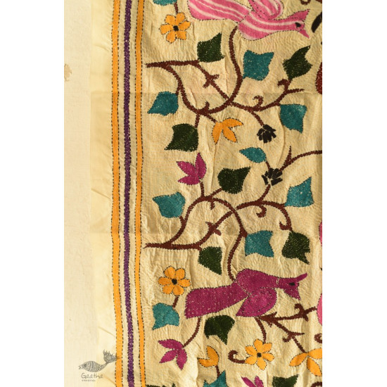 Kantha Tussar Silk Stole - Myna Bird Embroidered