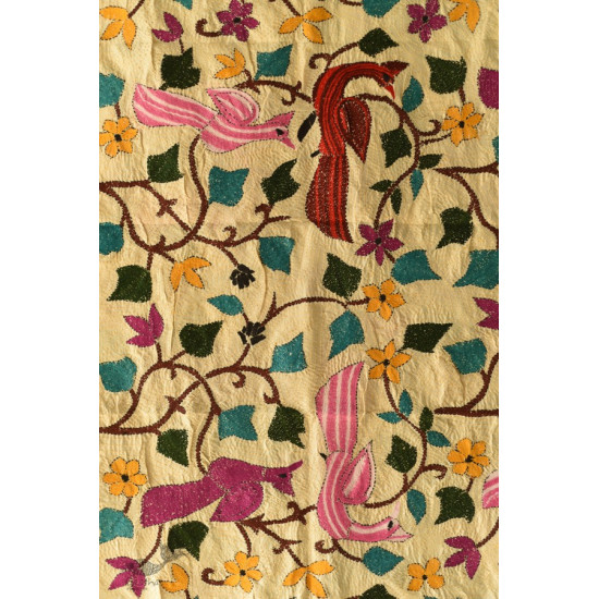 Kantha Tussar Silk Stole - Myna Bird Embroidered