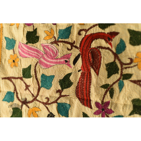 Kantha Tussar Silk Stole - Myna Bird Embroidered