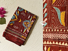 Pushparam . पुष्पारम | Kantha Silk Stole ~ Embroidered Maroon