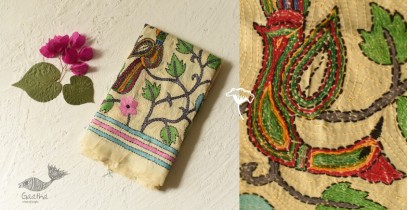 Pushparam . पुष्पारम | Kantha Tussar Silk Stole - Peacock Hand Embroidered