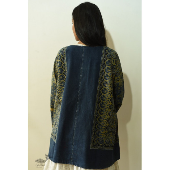 shop Ajrakh Block Printed & Denim Jacket - Reversible