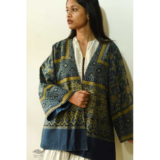 shop Ajrakh Block Printed & Denim Jacket - Reversible