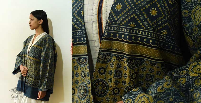 shop Blue Ajrakh Block Printed & Denim Jacket - Reversible