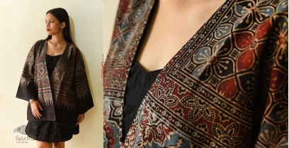 Kimono | Cotton Ajrakh Printed Jacket - Denim Reversible Kimono