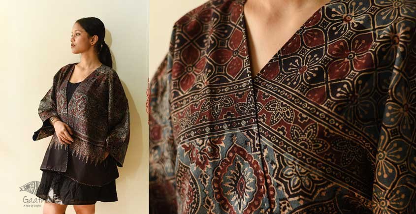 shop Pure Cotton Ajrakh Printed Jacket - Denim Kimono Reversible 