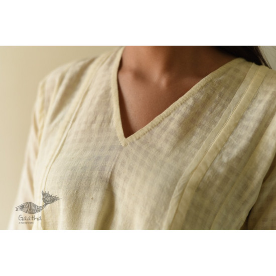 shop Handwoven Off White Cotton Self Checks A-Line Flared Top