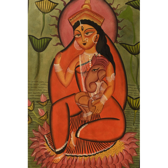 original kalighat painting gauri with ganesh