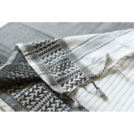 Traditional Bengali cotton Saree  - White With Black Stripes