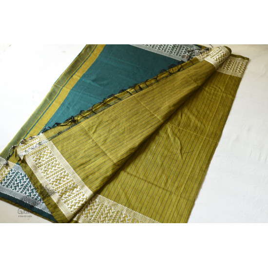 Traditional Bengali cotton Green Striped Saree