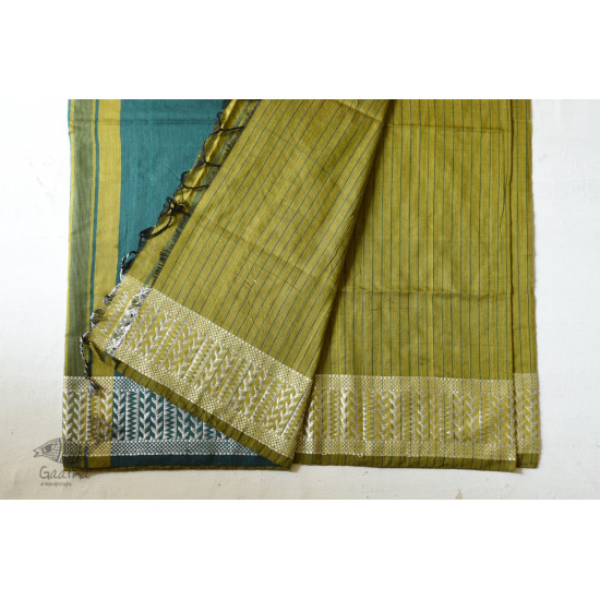 Traditional Bengali cotton Green Striped Saree