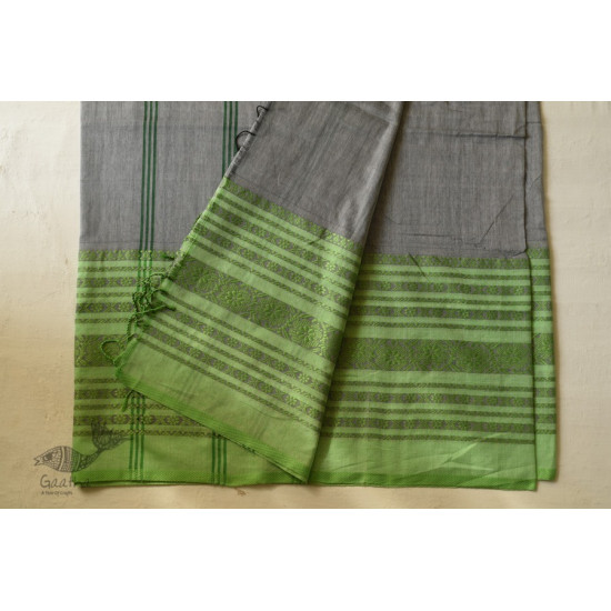 Traditional Bengali cotton saree - Grey With Green Woven Border