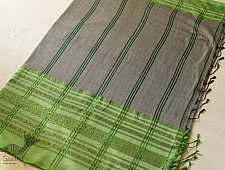 Paromita ~ Handloom Cotton Saree - Grey With Green Woven Border