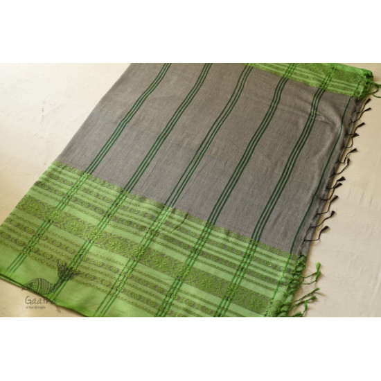 Traditional Bengali cotton saree - Grey With Green Woven Border