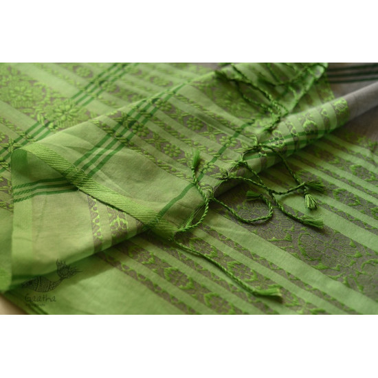 Traditional Bengali cotton saree - Grey With Green Woven Border