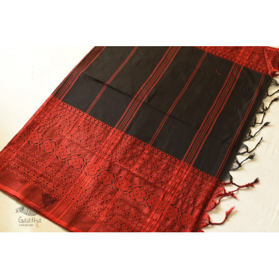 Traditional Bengali cotton Black With Red Woven Border Saree