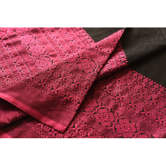 Traditional Bengali cotton sareeBlack Saree With Rani Pink Boder