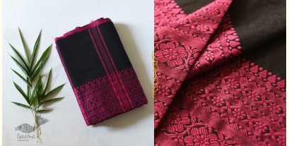 Paromita ~ Handloom Cotton Black Saree With Rani Pink Boder