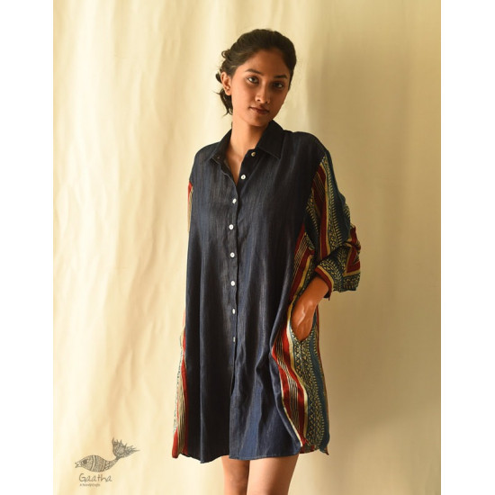 buy Vegetable Dyed Ajrakh & Denim Dress / Free Size Shirt