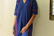 Ikat Handloom Cotton Designer Dress - Blue