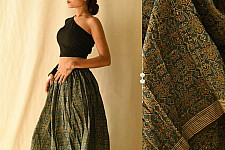 Flowers in a River - Ajrakh Prints Long Skirt / Ghagra With Natural Dyed - C