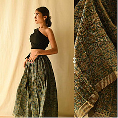 Flowers in a River - Ajrakh Prints Long Skirt / Ghagra With Natural Dyed - C