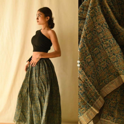 Flowers in a River - Ajrakh Prints Long Skirt / Ghagra With Natural Dyed - C