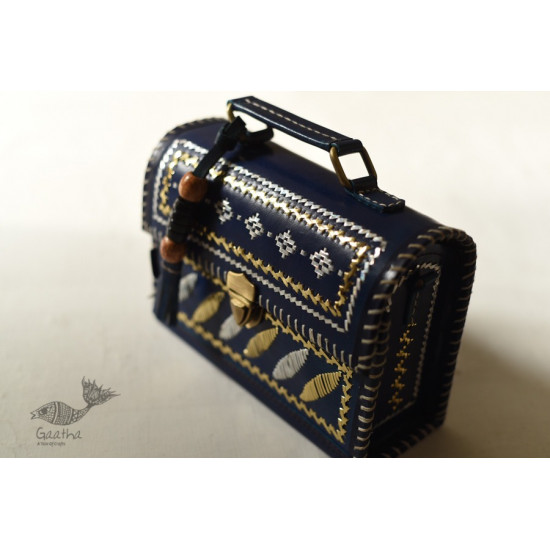 shop Kutchi Leather Sling HandbagKutchi Leather Sling Blue Handbag - With Zari Embroidery