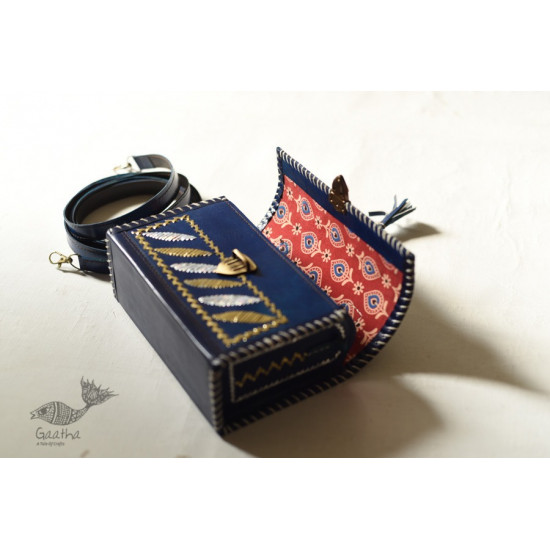 shop Kutchi Leather Sling HandbagKutchi Leather Sling Blue Handbag - With Zari Embroidery