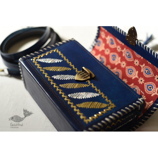 shop Kutchi Leather Sling HandbagKutchi Leather Sling Blue Handbag - With Zari Embroidery