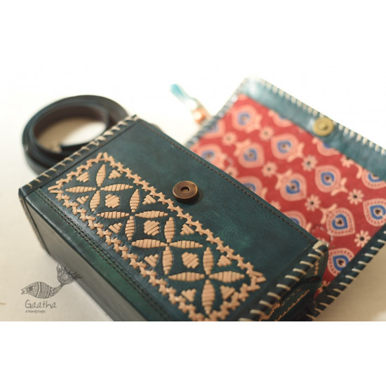 shop Kutchi Embroidered Leather Sling Handbag - Teal