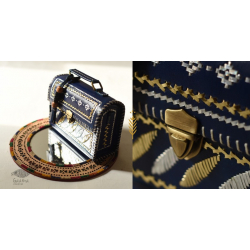 Be Nomadic ~ Kutchi Leather Sling Blue Handbag - With Zari Embroidery