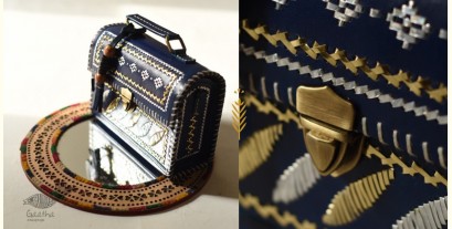 Be Nomadic ~ Kutchi Leather Sling Blue Handbag - With Zari Embroidery