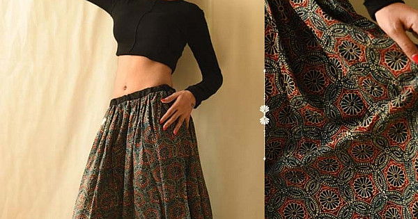 Red - Hand Block Printed Cotton Long Ajrakh Skirt 04