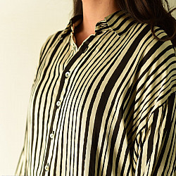 Itr . इत्र | Ajrakh Printed Modal Silk Shirt - Black & Blue Stripes 11