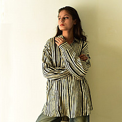 Itr . इत्र | Ajrakh Printed Modal Silk Shirt - Black & Blue Stripes 11